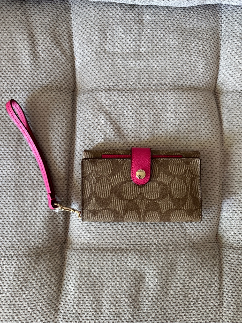 Coach Khaki Signature Canvas Wallet with Pink Trim Wristlet